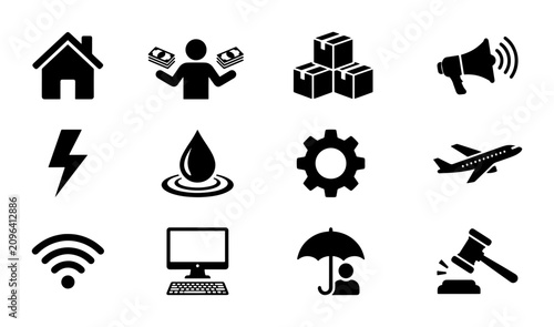 Modern Business and Technology Icons Set, Vector Graphics for Finance, Industry, and Communication Concepts, Simple Black and White Icons