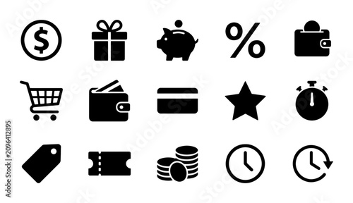 15 Black Finance and Shopping Icons, Vector Set: Money, Gift, Piggy Bank, Percentage, Wallet, Cart, Credit Card, Star, Timer, Tag, Coupon, Coins, Clock, Time