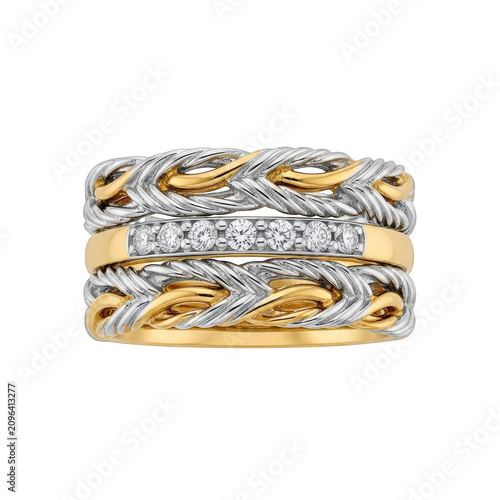 Luxury gold and silver diamond ring, braided metal jewelry, precious stone accessory, elegant wedding band