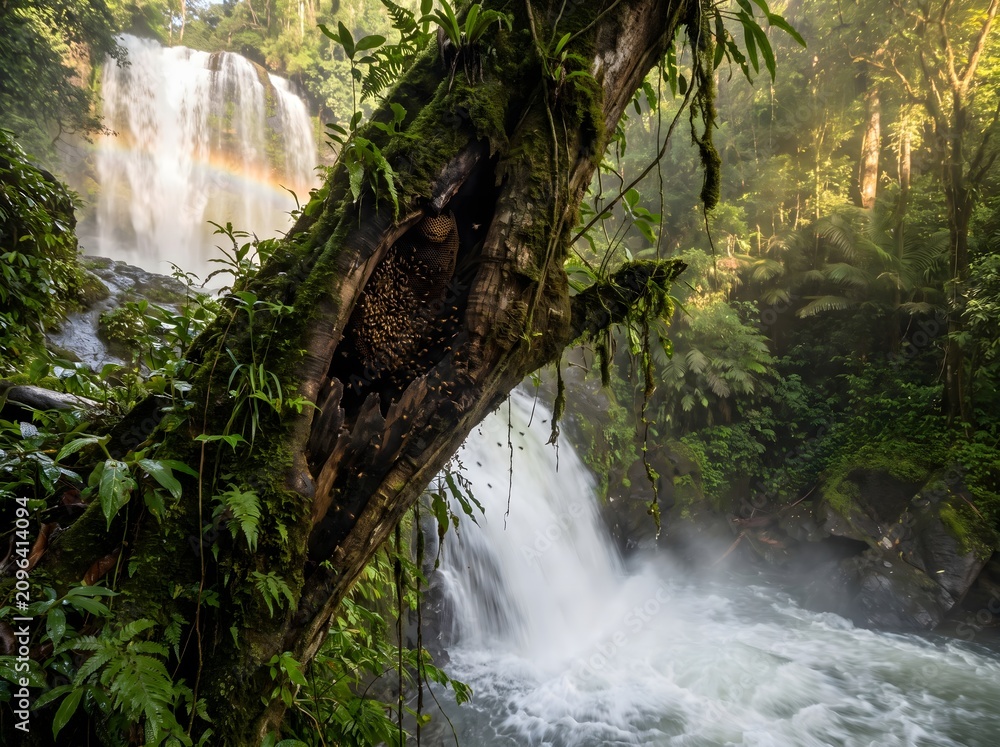 Obraz premium Wild Beehive Inside Mossy Tree Near Jungle Waterfall Rainbow