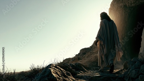 Risen Christ Walking from the Tomb at Sunrise, Dramatic Biblical Easter Background for Sermon Series