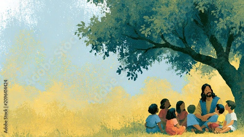 Jesus Teaching Children Under Tree, Dramatic Sacred Painting for Sermon Series and Church Leaders