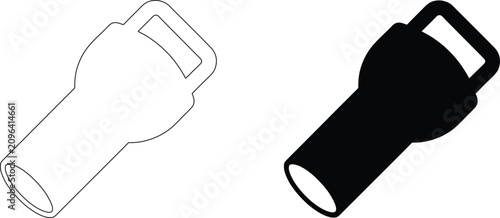 Tableau sur toile Portable flashlight icon set with hand held light equipment shown in both simple outline and solid black silhouette styles