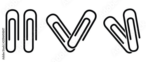 Paper clip outline icons set, minimalist metal paperclip vectors isolated on white background.