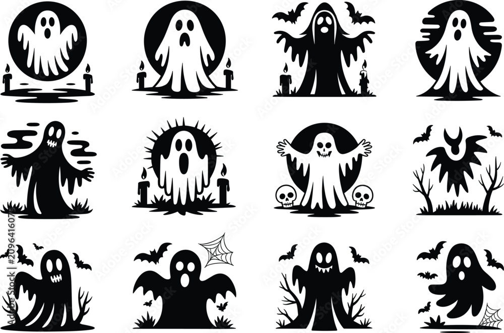 Fototapeta premium Collection of ghostly halloween icons featuring spirits cemeteries bats and candle lights