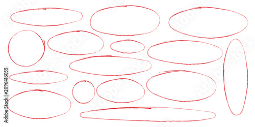Hand drawn red line brush oval set. Hand drawn line brush pencil oval color. Round circle underline frame check sign. Hand drawn red crayon ovals and circles set. Ellipses in pencil doodle style. Roun