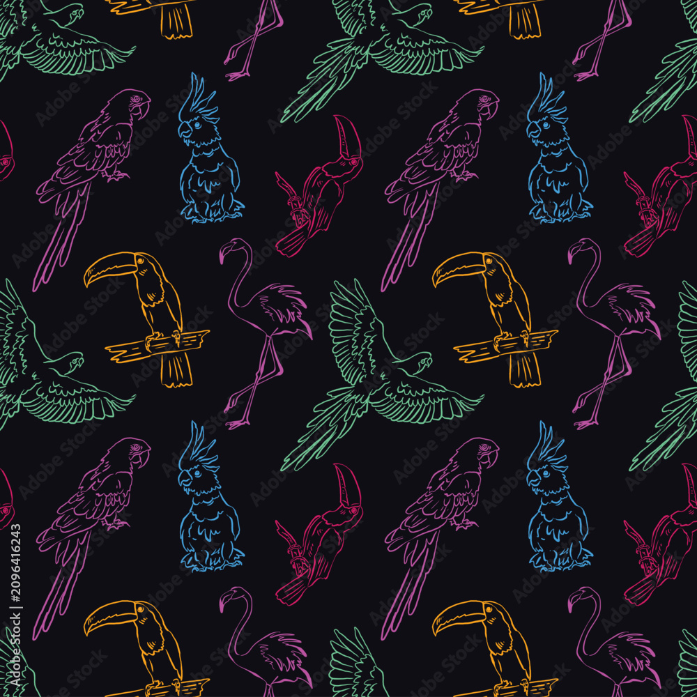 Obraz premium Hand-drawn seamless pattern of neon glowing tropical birds. Vector whimsical illustration of parrot macaw, cockatoo and toucan. Neon outline doodle animals on a black background.
