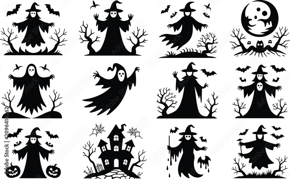 Fototapeta premium Set of black halloween silhouette icons with witches ghosts pumpkins and spooky elements