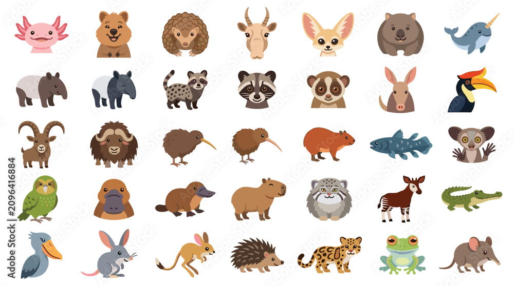 Obraz premium Large set of cute flat animal character icons.