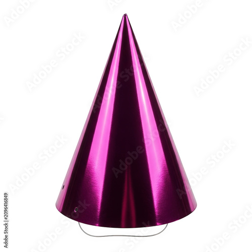 Purple shiny party hat, metallic cone, fuchsia celebration cap, festive headwear
