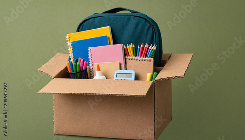 A cardboard box filled with school supplies and a backpack for educational preparation.