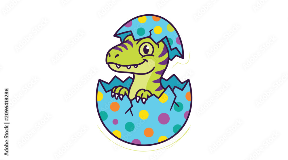 Fototapeta premium Cute cartoon dinosaur hatching from a spotted blue egg