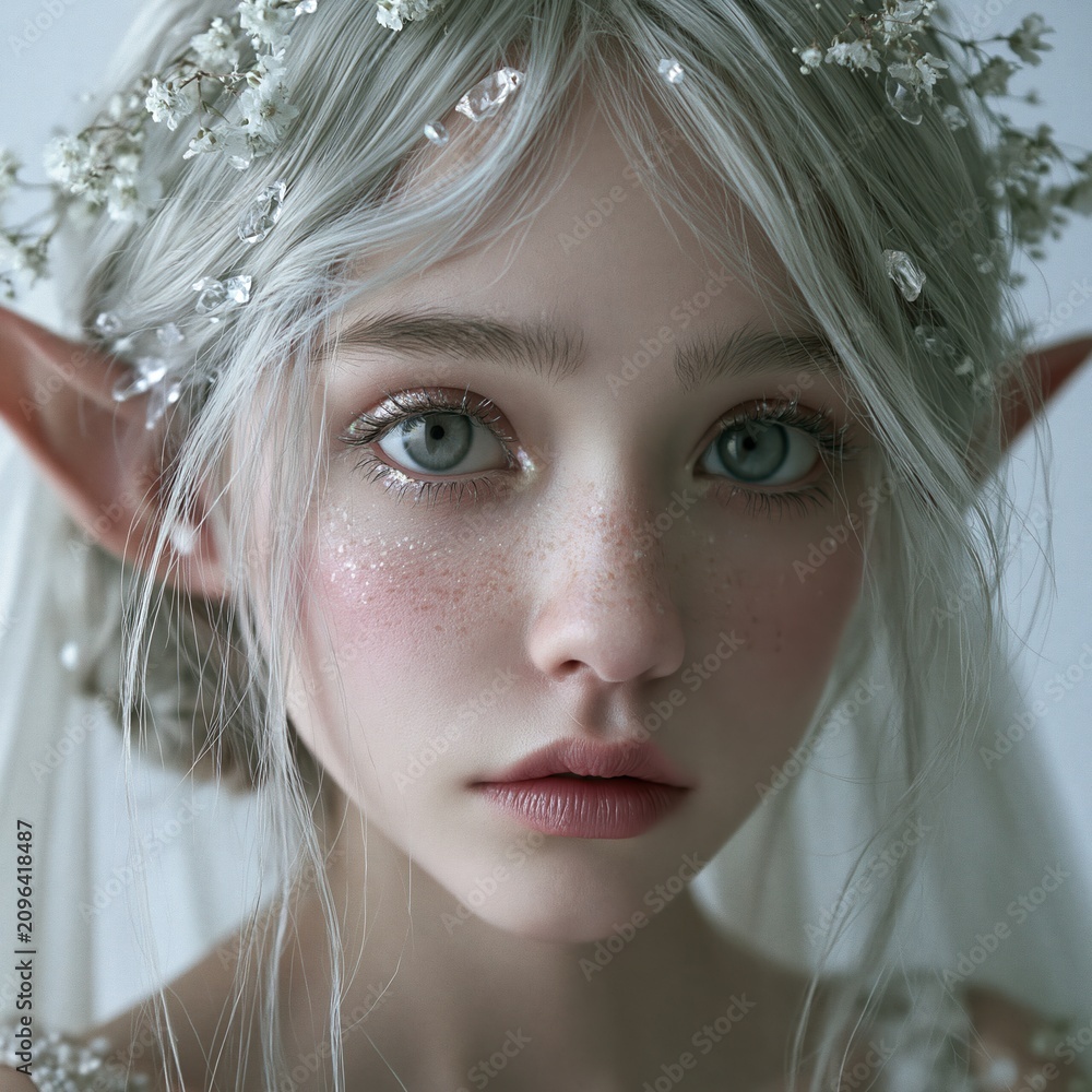 Obraz premium Ethereal Elf with Silver Hair and Flowers