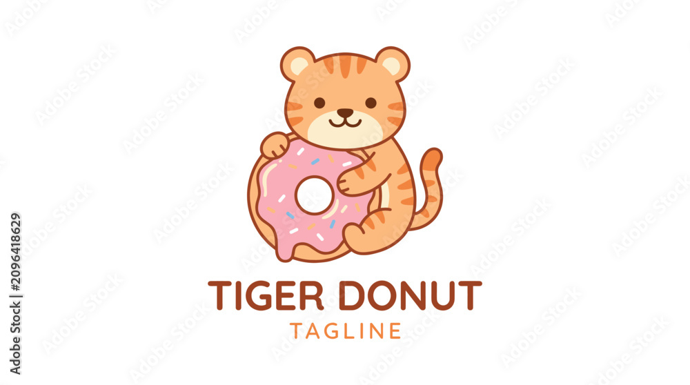 Obraz premium Cute cartoon tiger holding pink glazed donut logo design