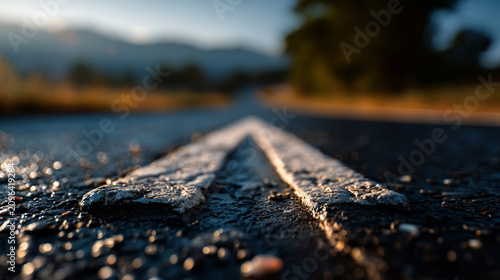 Low angle view of asphalt road with white painted direction arrow signage