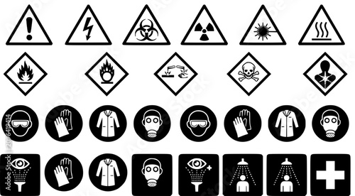 Complete set of chemical laboratory safety icons and protective equipment symbols in a black and white vector style for industrial and research facility documentation
