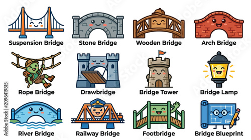 Cute kawaii bridge character icons set on white background
