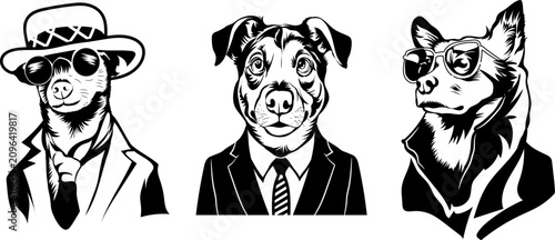 Stylish Dog in coat and sunglasses fashion  silhouette vector illustration with a white back