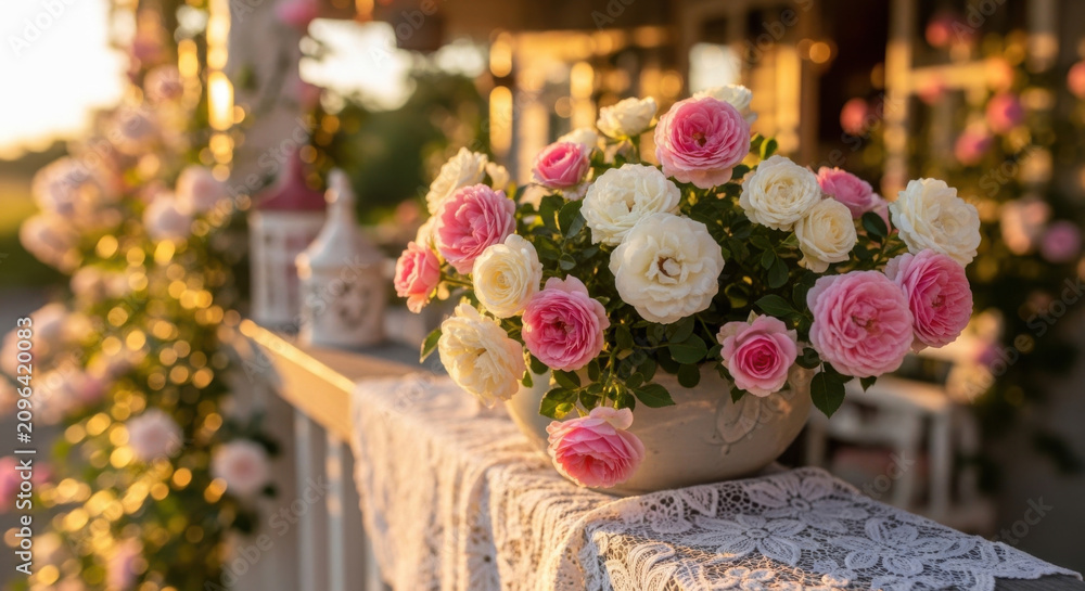 Obraz premium Elegant Rose Arrangement On Tablecloth With Golden Hour Light And Bokeh