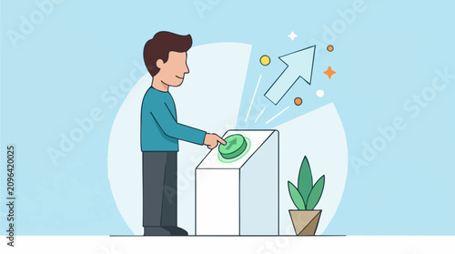Картината върху платно Cartoon man pressing a green button for business growth and progress
