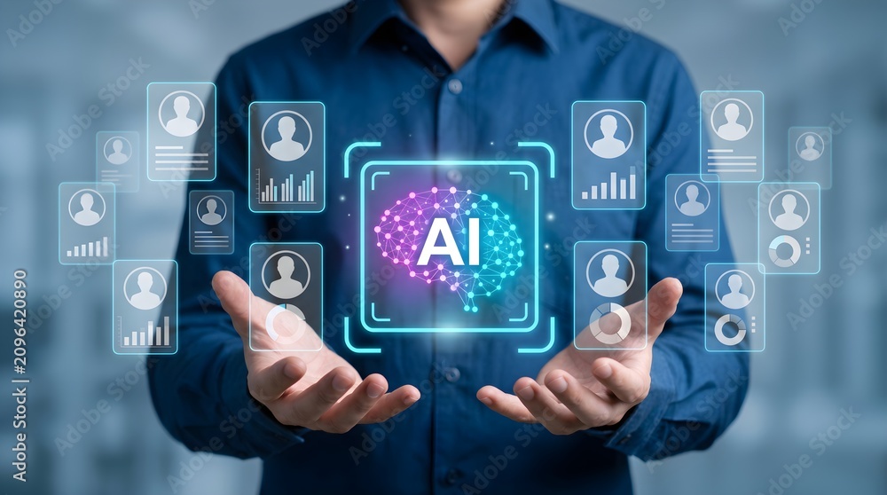 Fototapeta premium AI-Powered HR Evaluation and Performance Appraisal. Automated Review of Assessment Scores. Businessperson Holding Artificial Intelligence Icons and Charts