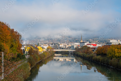 Villach city with the scenic Drava River, Austria