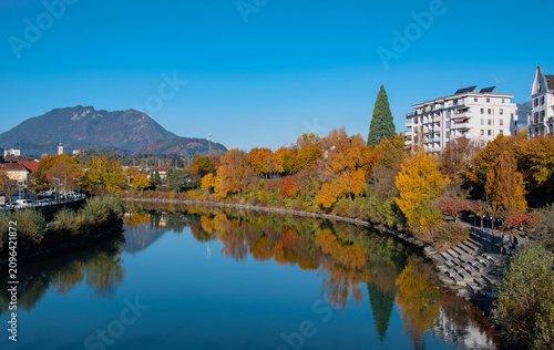 Villach city with the scenic Drava River, Austria