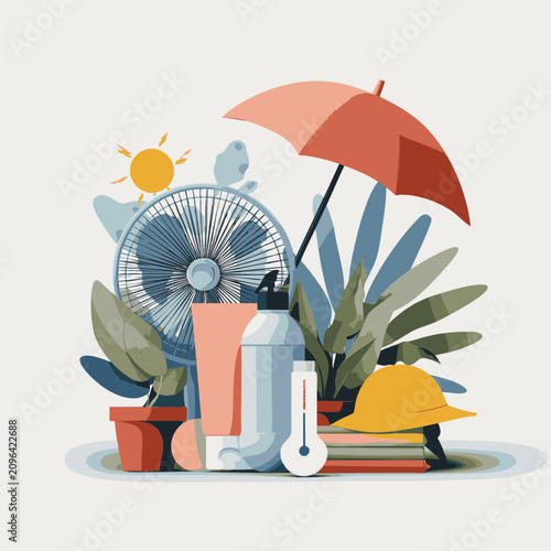 Modern Bright Vector Illustration Of Urban Heat Resilience Kit With Cooling Fan Water Bottle Sun Hat Sunscreen Umbrella And Thermometer On White Background For Climate Adaptation And Summer Safety