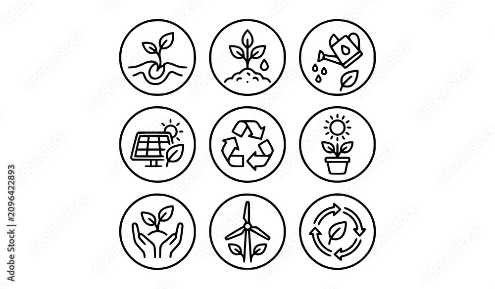 Fototapeta premium Eco plant web icons vector set with thin line environmental symbols in circular frames for corporate app