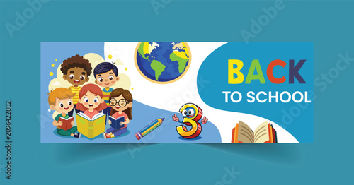 Back to School Horizontal Banner with Happy Students, Globe and School Supplies Vector Illustration