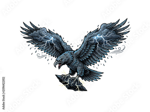 Foto Majestic Thunderbird Eagle With Stormy Clouds And Lightning Effects On Wings, Pe