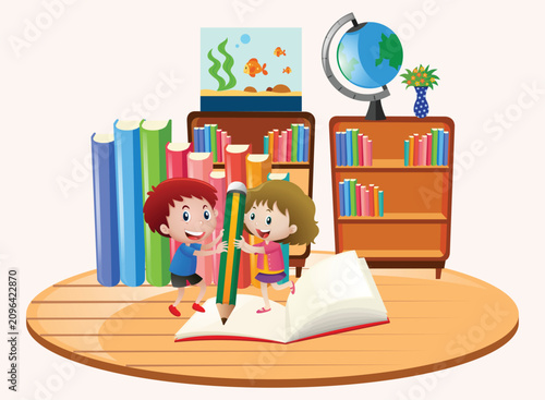 Kids Reading Books in Library with Bookshelf and Globe Education Vector Illustration