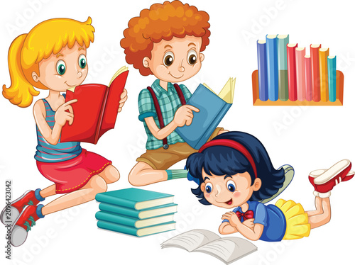 Happy Children Reading Books Together Education Learning Vector Illustration