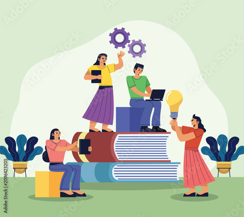Students Learning Together on Stack of Books Online Education Vector Illustration