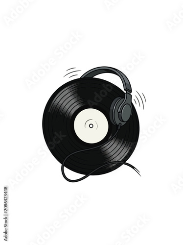 Φωτογραφία Detailed Illustration Of A Black Vinyl Phonograph Record With Over Ear Headphone