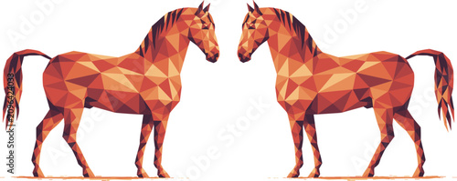 Vászonkép Low poly geometric horse illustration set with two brown stallions facing each o