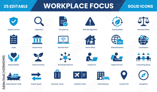 Business Workplace Focus solid icon set collection. Inspection, Sustainability, Quality Control, Governance, Global Business, Audit, Digital, Booking, International Trade