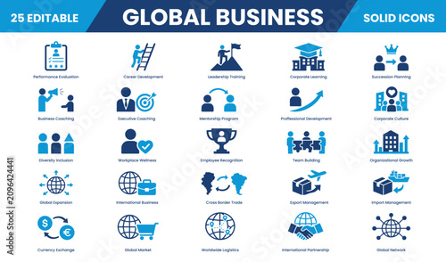 Global business solid icon set collection. Global Network, Cross-Border Trade, Team Building, Planning Career, Development