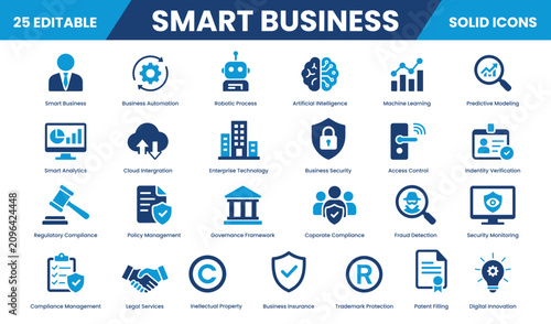 Smart Business solid icon set collection. Digital Innovation, Fraud Detection, Access Control, Business Security, Smart Analytics