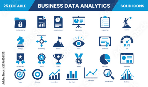Business Reports, Analytics, Strategy, Goals, Success, Awards, Data Analysis, KPI Dashboard, and Corporate Performance Solid Icons Collection