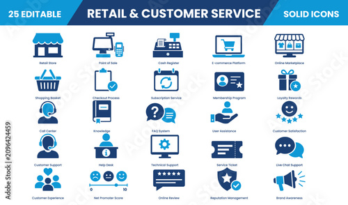 Retail and Customer Service solid icon set collection. Online Review, FAQ System, Call Center Service Ticket, Support