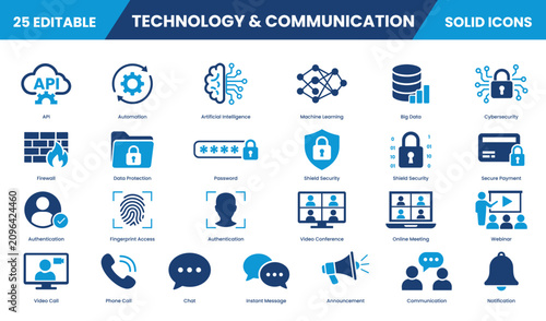 Technology and Communication Solid icon set. Machine Learning, Artificial Intelligence, Automation, API, Shield Security, Webinar, Online Authentication, more