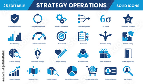 Strategy Operations solid icon set collection. Scorecard, Problem Solving, Decision Making, Business KPI, Benchmarking, User Research