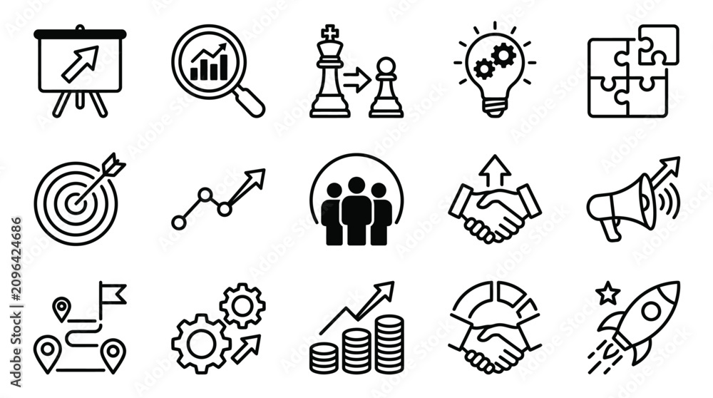 Fototapeta premium Industrial Black and White Line Icons Set Featuring Business Strategy Growth Marketing and Success Concepts
