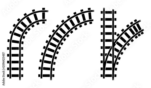 Flat top view curved railway track vector set with modular railroad path segments and train line icons for infographic map design