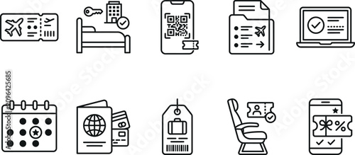 Tableau sur toile Travel and vacation planning line icon set with qr code vacation planning passpo