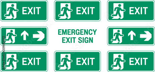 Fotografie Emergency evacuation directions inside the building safety sign set featuring em
