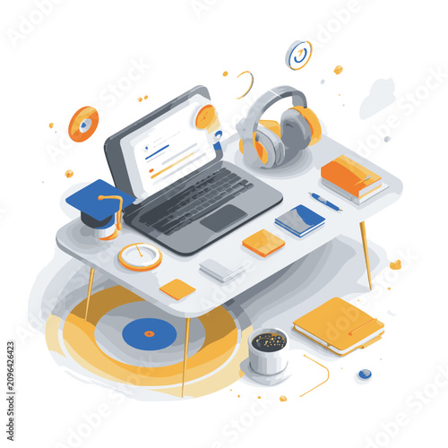 Modern Bright Vector Illustration Of Adult Microlearning Desk With Laptop Notebook Timer Coffee And Headphones On White Background For Online Lessons, Career Reskilling And Lifelong Education