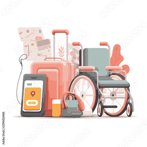 Modern Bright Vector Illustration Of Accessible Travel Planning Kit With Wheelchair Friendly Suitcase Smartphone Medicine Pouch And Map On White Background For Inclusive Tourism And Barrier Free Trips