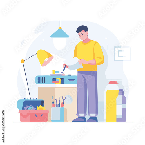 Modern Bright Vector Illustration Of Person Fixing Household Device In Right To Repair Home Workshop On White Background For Circular Economy, Sustainable Consumption And DIY Waste Reduction